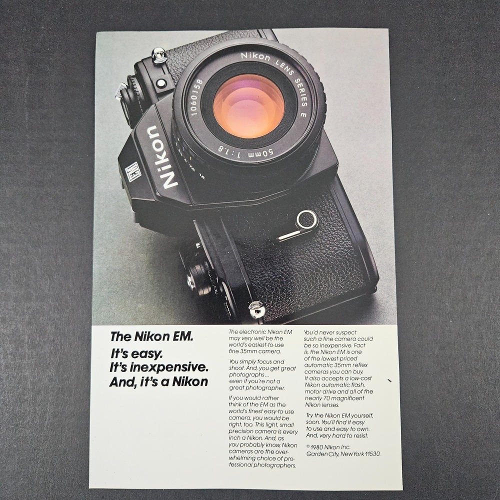 1980 Nikon EM 35mm Film Camera Vintage Print Ad‎ Photography Garden City NY Shop